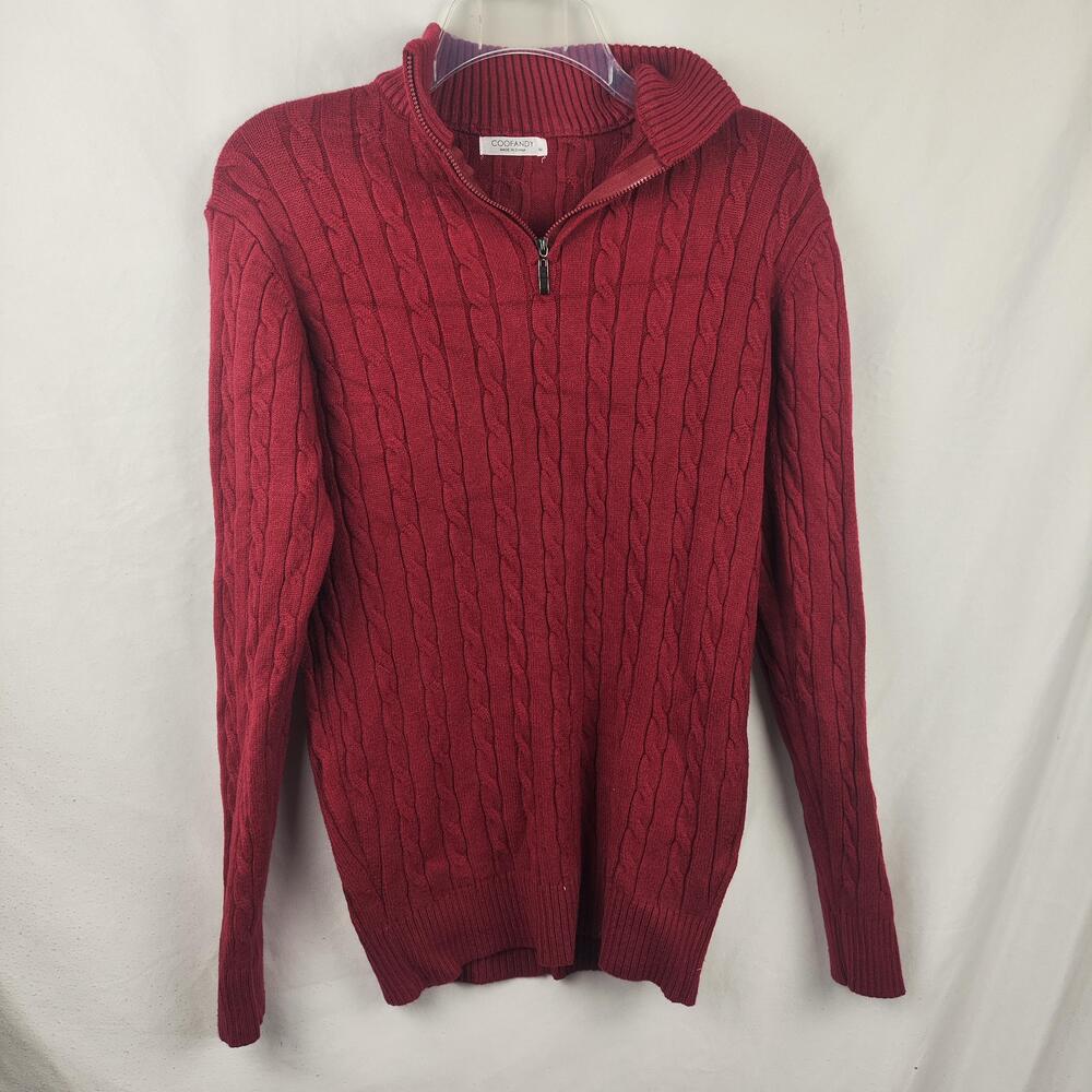 Coofandy Sweater Mens Medium Red Cable Knit Quarter Zip Mock Neck Pullover